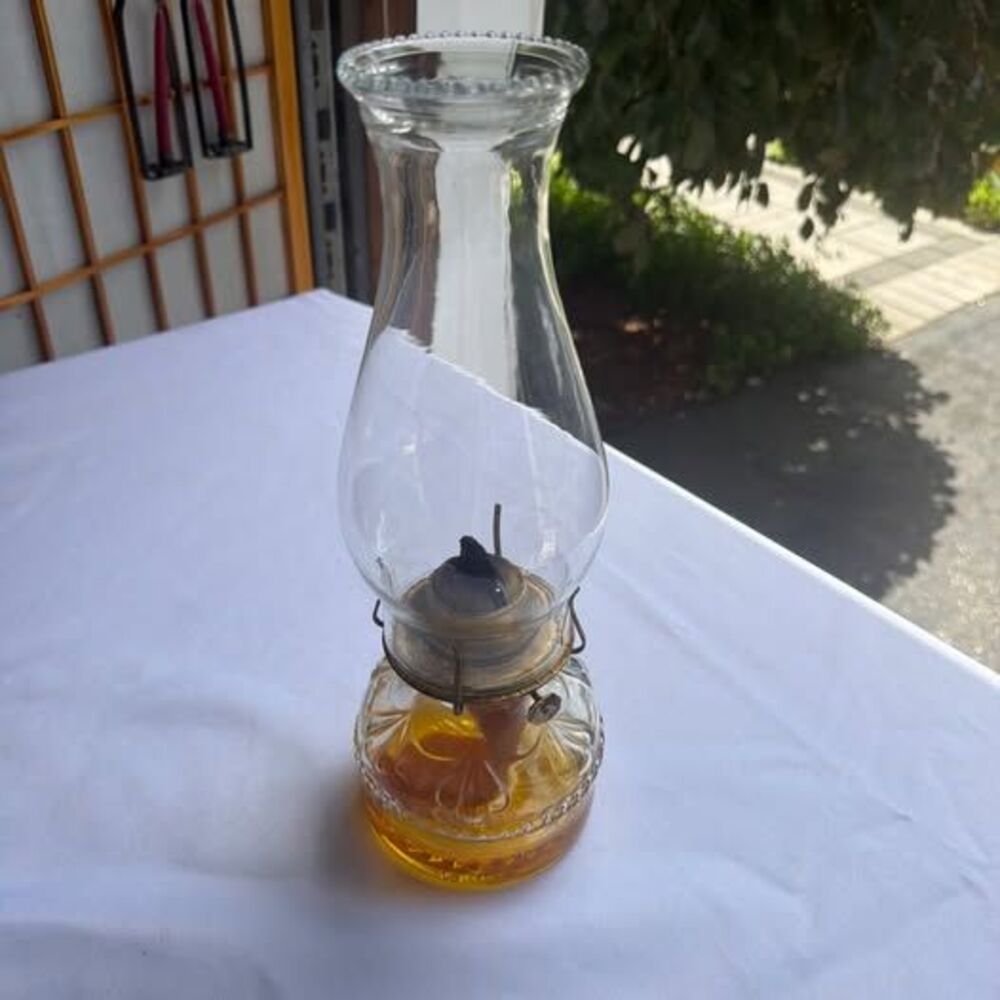 Vintage Eagle Amber Glass Oil Lamp Lantern with Clear Glass Chimney